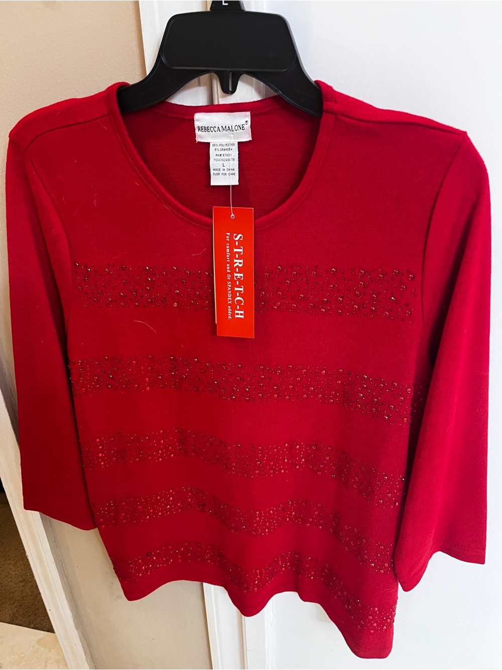 Rebecca Malone Red Embellished Stretch Knit Top